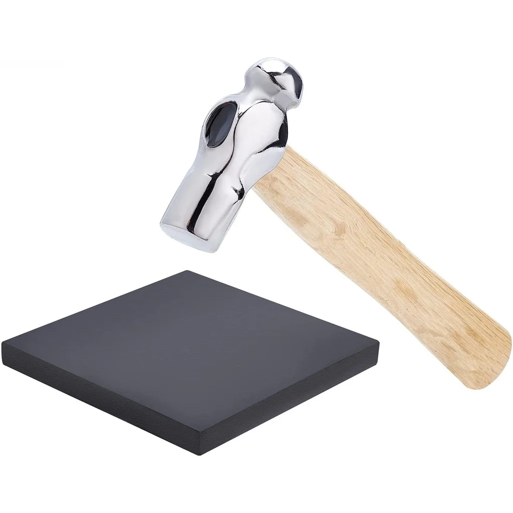 

155 mm Mini Jewellery Hammer with Iron Head Ball Head with Black Square Rubber Bench Block 20 x 20 x 2 cm for Jewellery Making