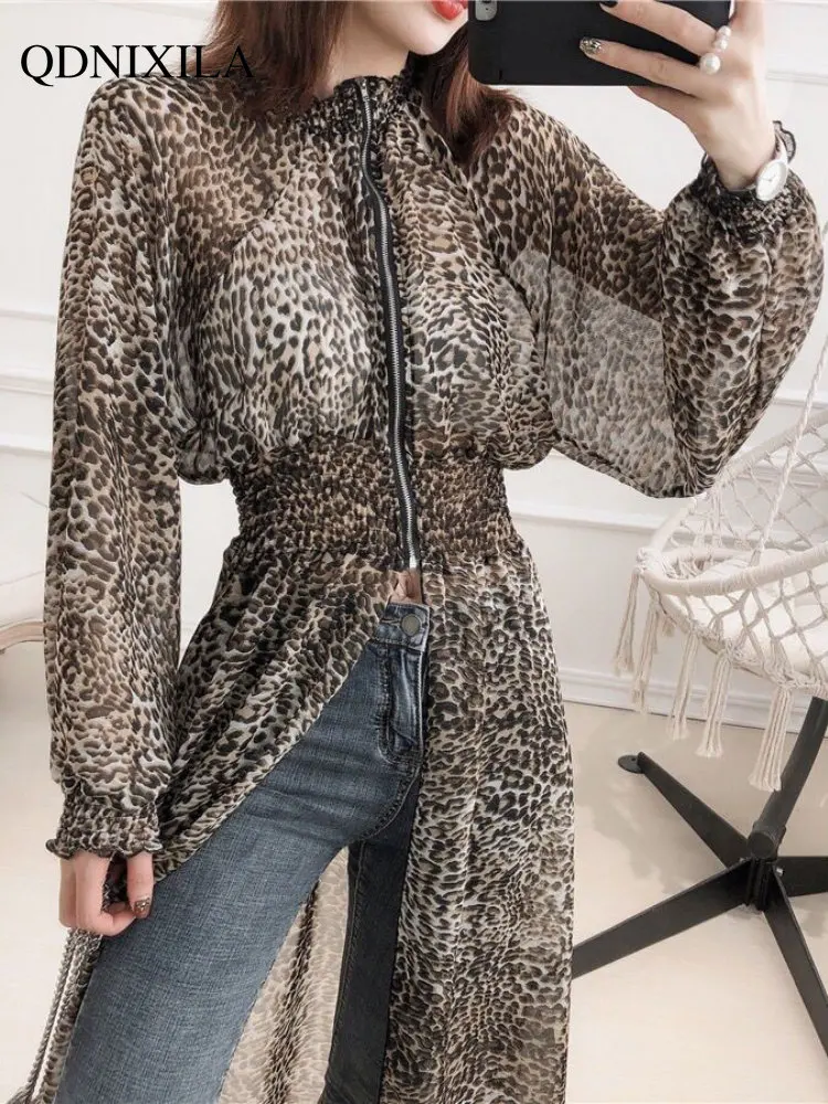 

Women's Shirt Dress Leopard Chiffon Shirt Fashion Foreign Style Mid-length Sunscreen Shawl Blouse Beach Cover Ups for Women