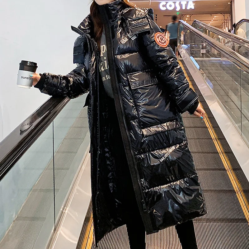 Female Glossy Winter Jacket Women Hooded Casual Waterproof Overcoat Fashion Winter Coats Long Reflective Jackets Warm Parkas Ins