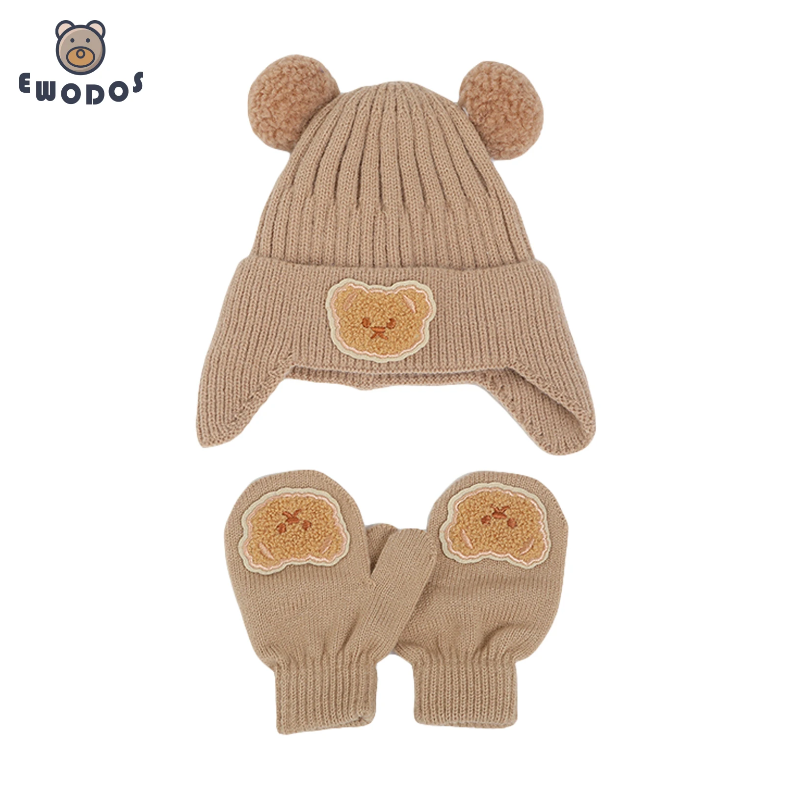 

EWODOS Toddler Kids Hat and Gloves Set Cartoon Bears Winter Warm Knit Beanie and Mittens for Toddler Cold Weather Accessories