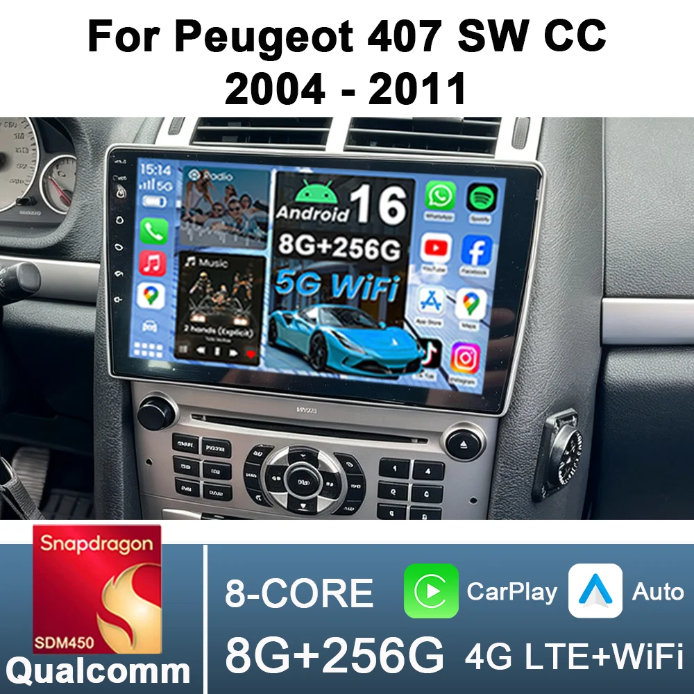 Фото Автомагнитола для Peugeot 407 CC SW 407CC 2004-2011, мультимедийный проигрыватель с CarPlay, стереосистема, Android, 9-дюймовый GPS, IPS-экран №1