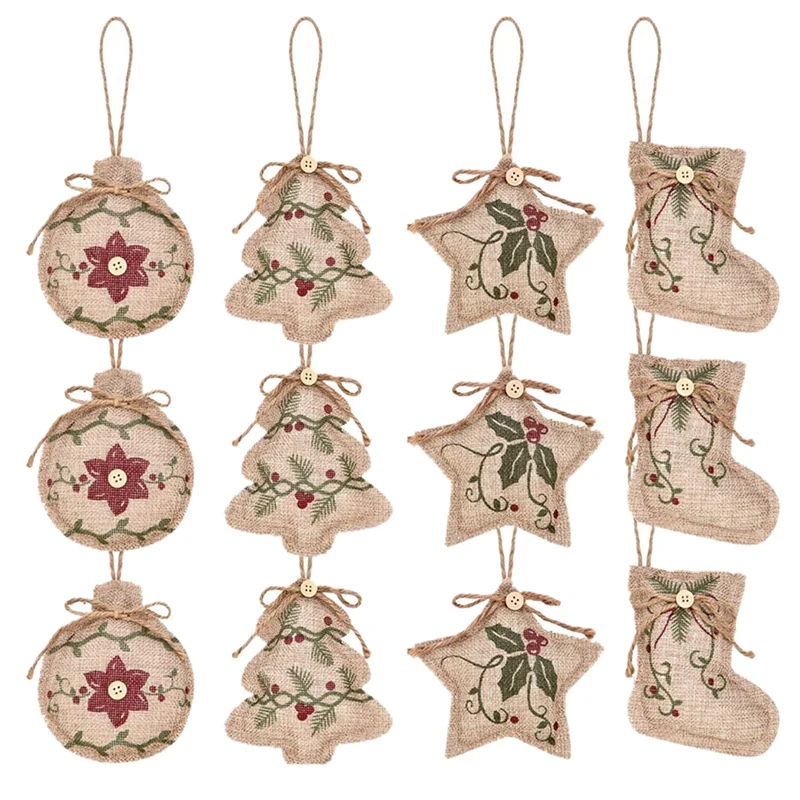 

12Pcs Christmas Tree Burlap Hanging Ornaments,Ball Stocking Shaped Hanging Decor for Holiday Xmas Party Decorations Gift