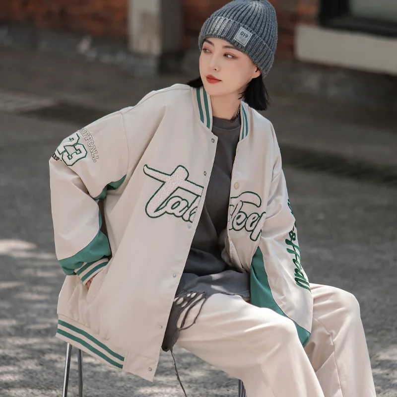 

Kpop Varsity Jacket Woman Fashion Clothes Plus Size Letter Stand Collar Single Breasted Outerwear Black Khaki Dropshipping M-4XL