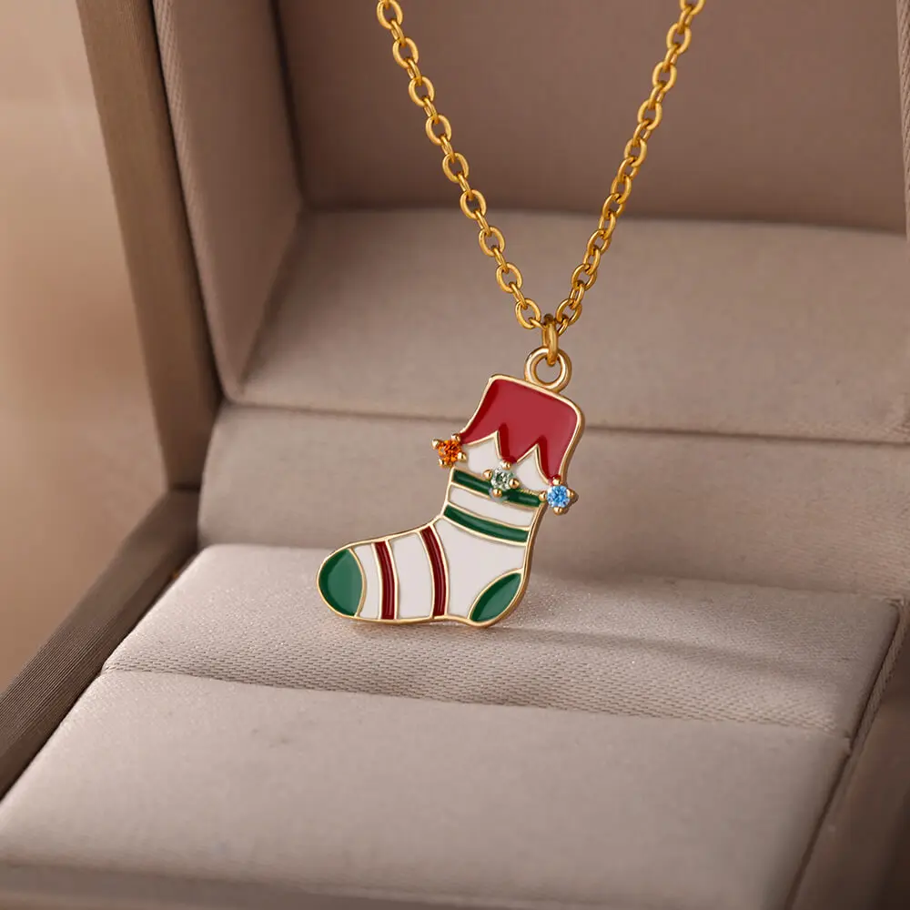 

Christmas Sock Pedant Necklace for Women Stainless Steel Clavicle Chains Necklaces Lucky Christmas Jewerly Gifts collares mujer