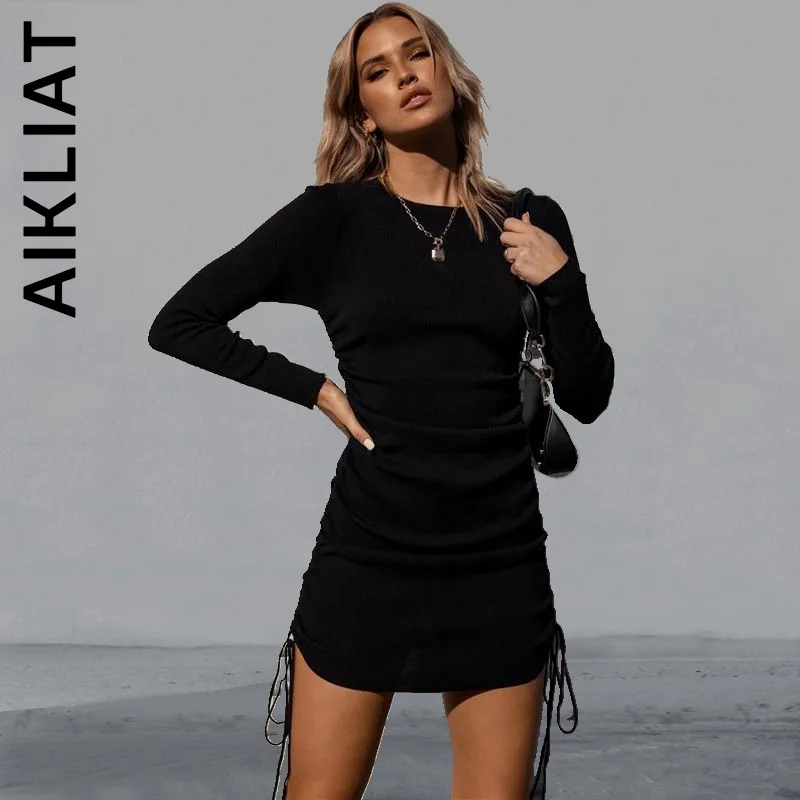 Женское Короткое платье Aikliat модное пикантное с длинным рукавом и рюшами