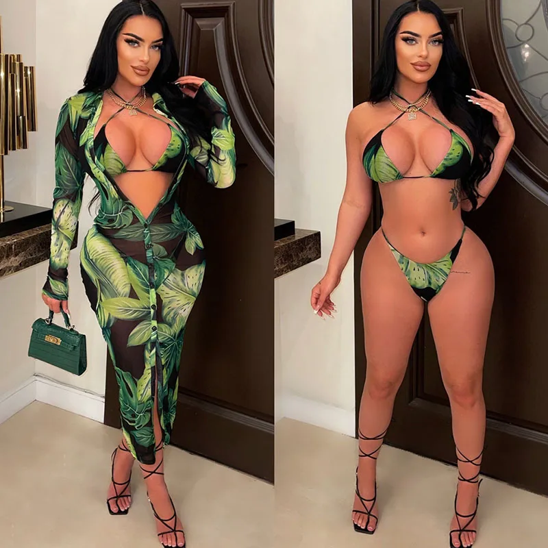

Sexy Floral Printed Holiday Beach Outfits Elegant Fashion Bikini Three Piece Suits Swimsuit Club Matching Sets Conjuntos Curtos