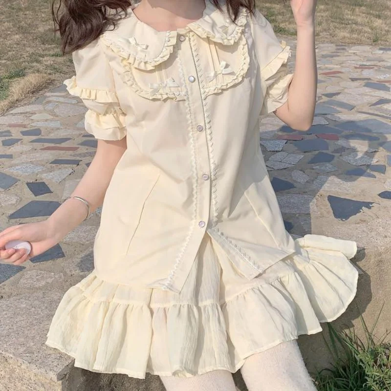 

Японская милая блузка в стиле "Лолита", милая блузка с воротником «Питер Пэн» и оборками, милая рубашка с пышными рукавами в стиле преппи, стиль Харадзюку