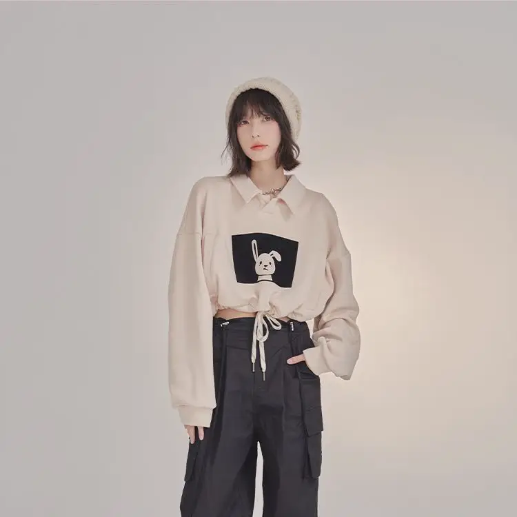 

Rabbit Kawaii Cute Women Casual Sweater Long Sleeve Beige Drawstring Crop Top Polo Collar Oversized Girl Top