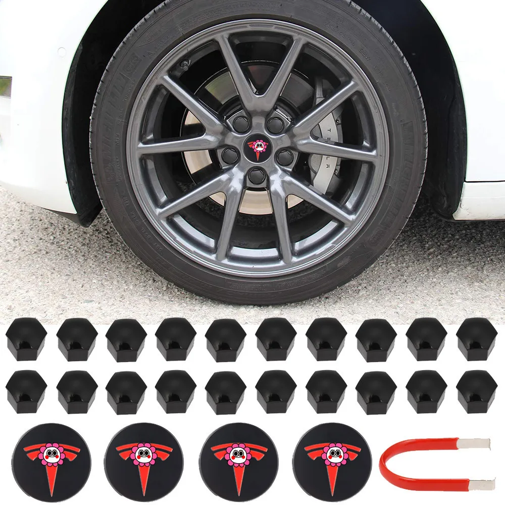 2For Tesla Model 3 Y S X Wheel Cap Kit Center Cap Hub Lug Nut Cover Black Red with 4 Center Cap 20 Lug Nut Cover With Logo  - buy with discount