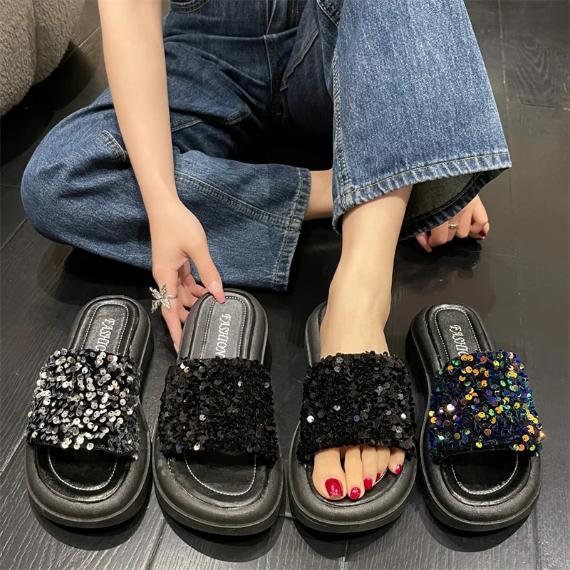 Fashion Black Slippers Women Thick Platform Indoor Sequin Slipper Women Soft PVC Anti-slip Home Floor Slides Ladies Summer Shoes