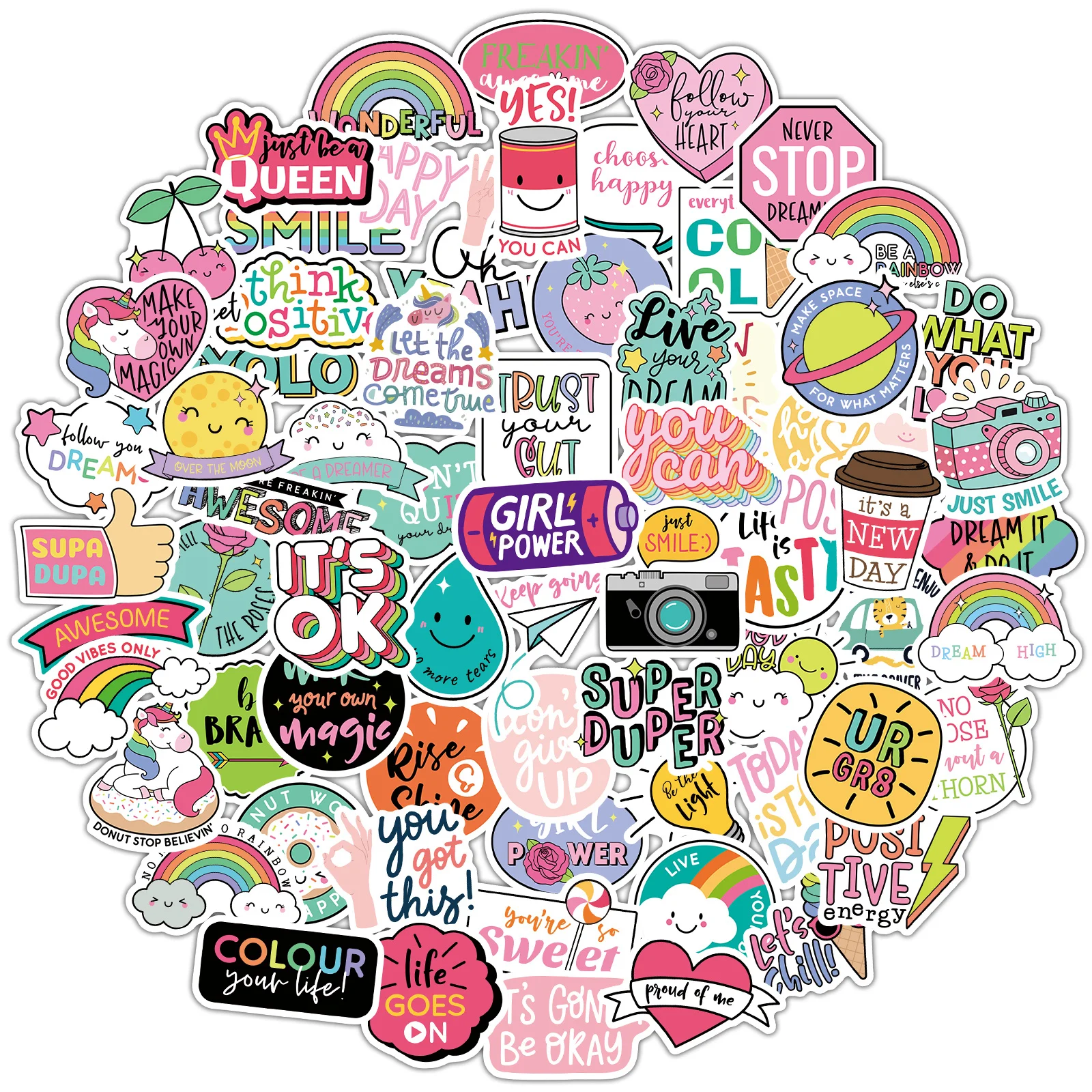 

80 Pcs Positive Buzzword Stickers Pop Text Creative Unicorn Sticker on Kids Scrapbook Bicycle Skateboard Water Bottle Decal Toy