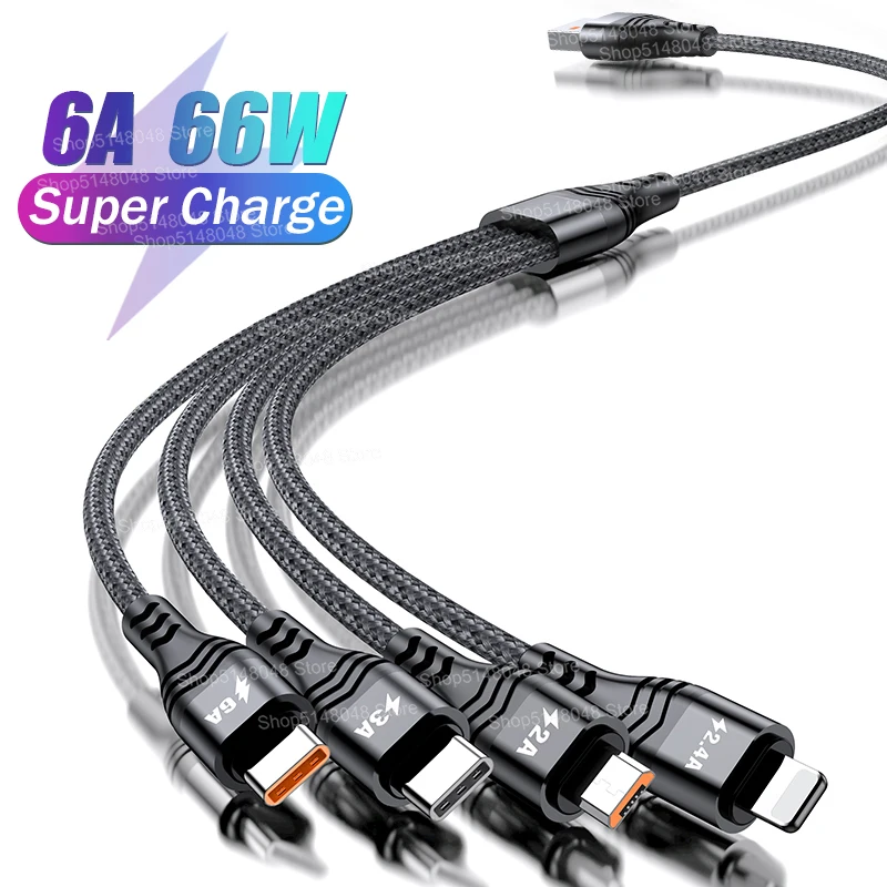 

6A 4 в 1 Micro USB Type C телефонный кабель 2 в 1 Type C кабель для iPhone 13 12 11 Samsung S21 Huawei P40 Xiaomi Быстрый зарядный кабель