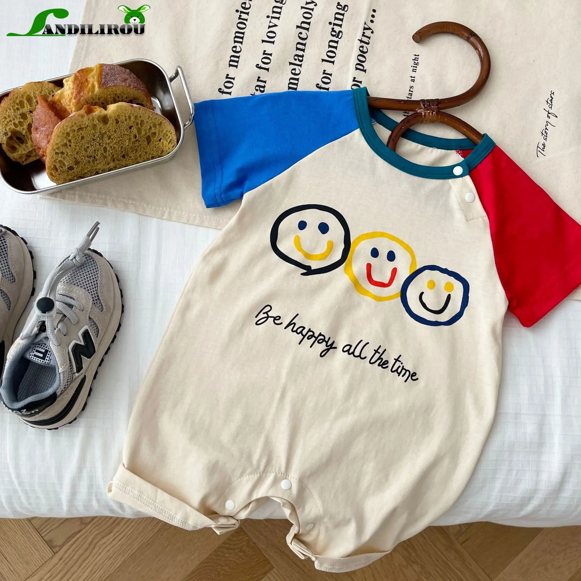 

Комбинезон в Корейском стиле с цветным блокировкой, Детский комбинезон с улыбающимся лицом, летний модный тренд для мальчиков и девочек 02 г...