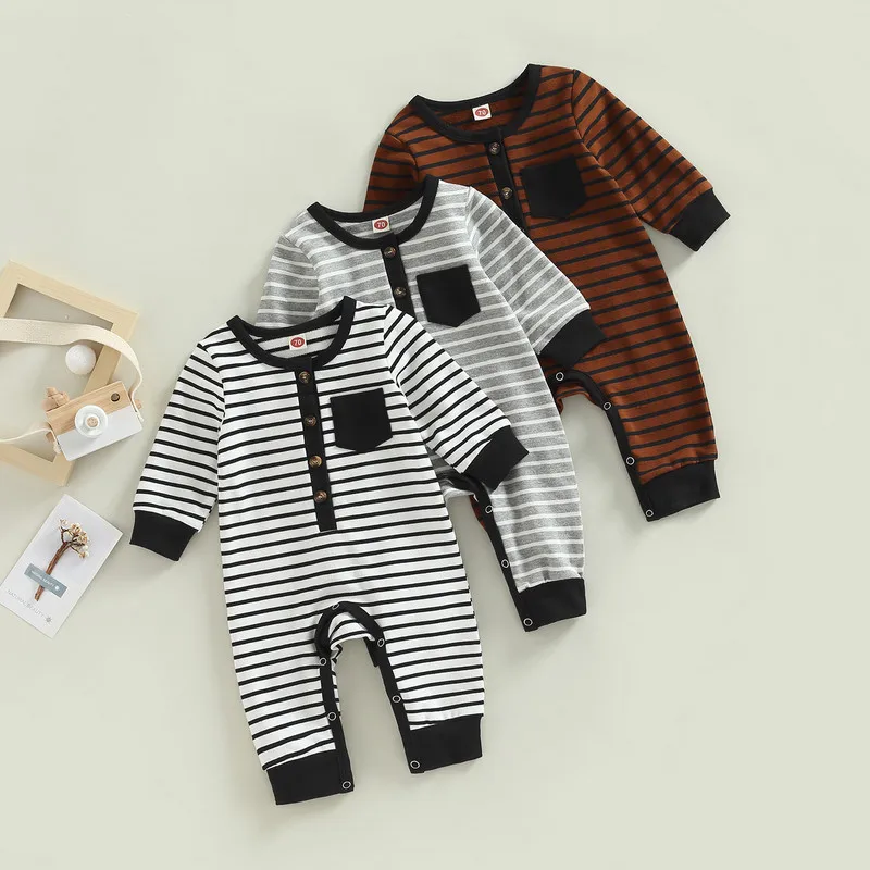 

Комбинезон для новорожденных мальчиков, повседневная одежда на осень и зиму, комбинезон с длинным рукавом, пуговицами спереди, полосатым пр...
