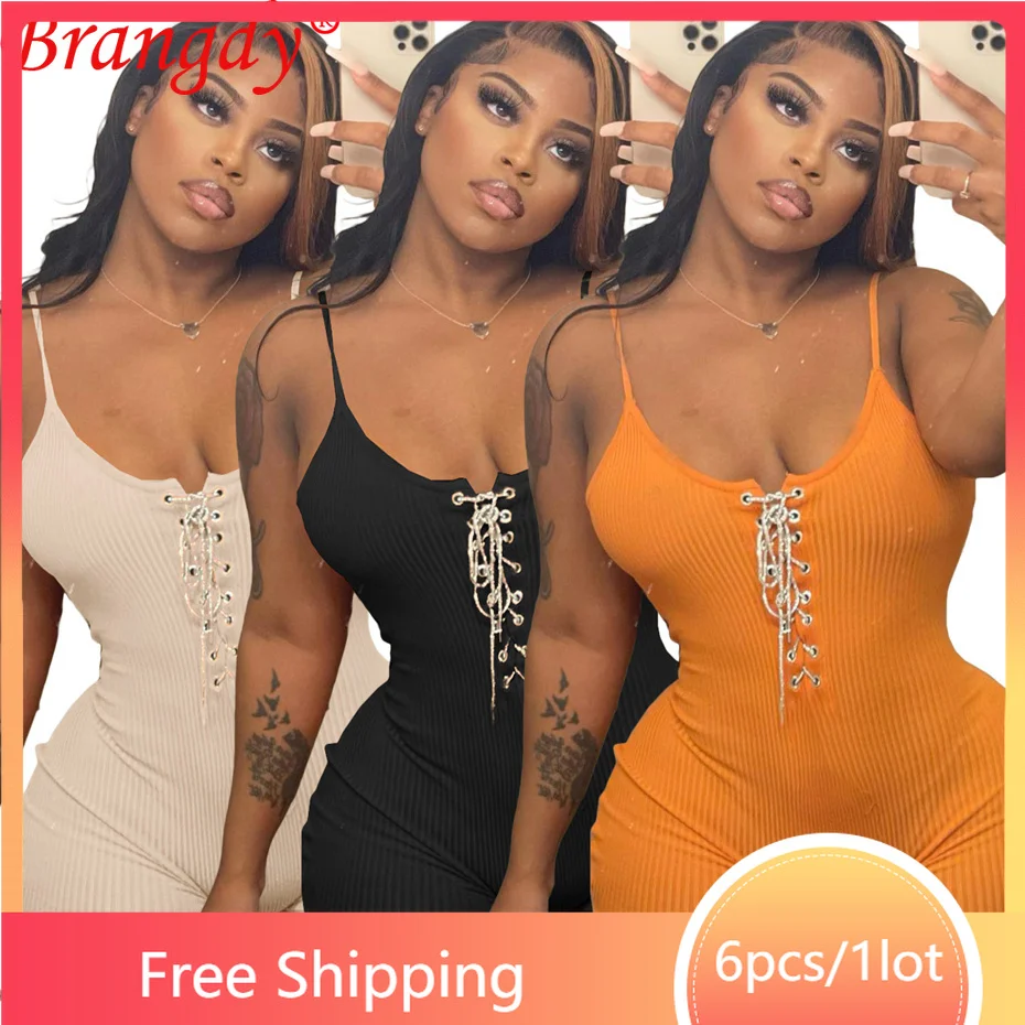 

6pcs Sexy One Piece Black Jumpsuit for Women 2022 Fashion Bodycon Summer Sleeveless Overalls Bulk Items Wholesale Clothing B9189