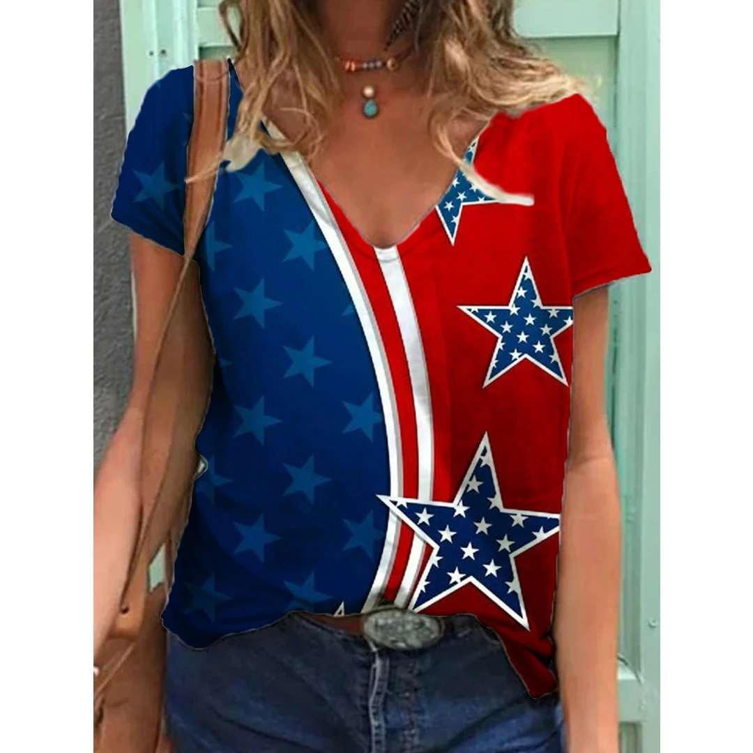 Женский свободный топ с 3D-принтом футболка коротким рукавом и V-образным вырезом