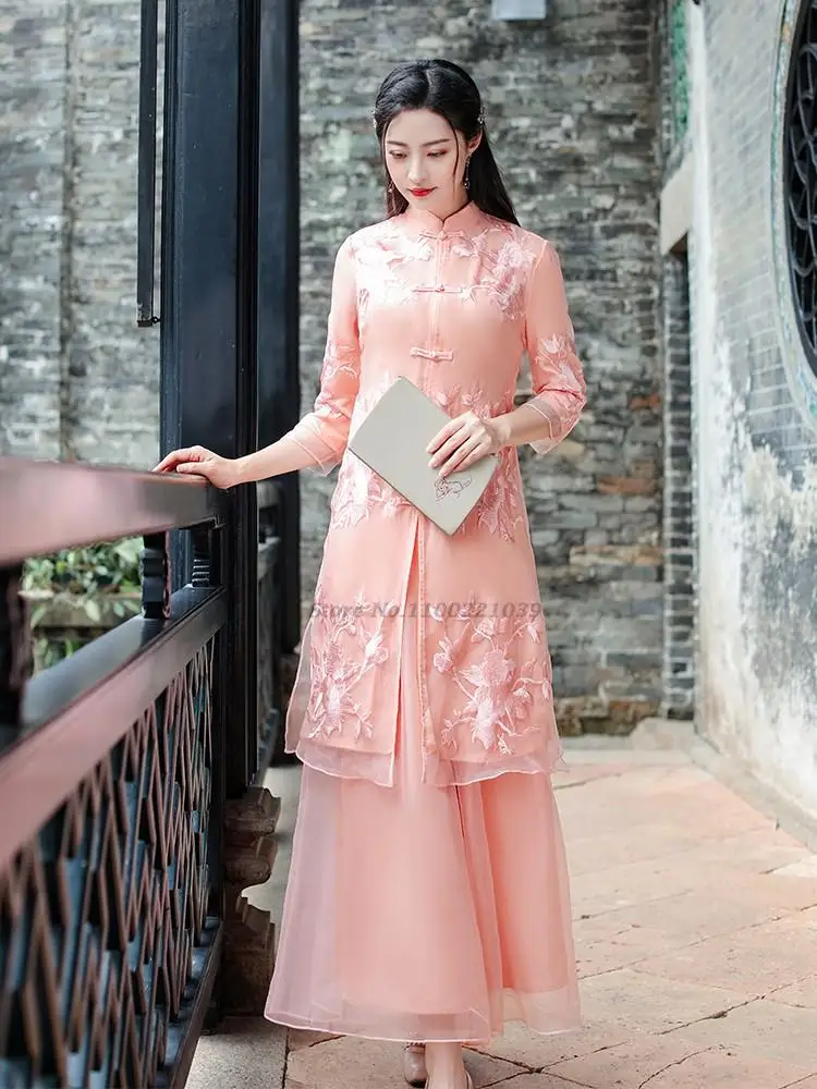 

2022 oriental dress classic chinese traditional qipao dress+pants set women chiffon fairy cheongsam set elegant party dress