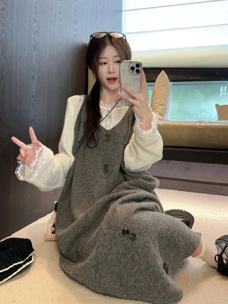 Серое вязаное платье на подтяжках в стиле ретро с v-образным вырезом женское