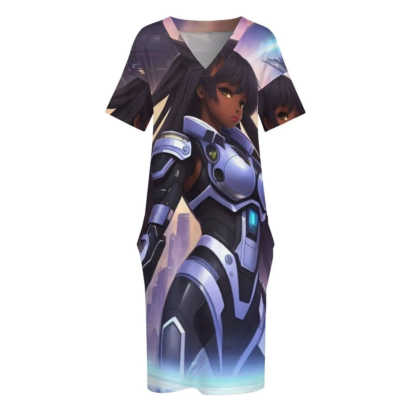 Final Frontier Gworl черное аниме девушка свободное платье с карманами длинными рукавами