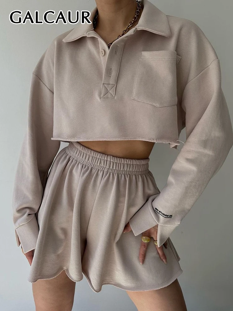 

GALCAUR Minimalist Two Piece Sets For Women Lapel Long Sleeve Spliced Pockets Top High Waist Loose Shorts Casual Set Female New