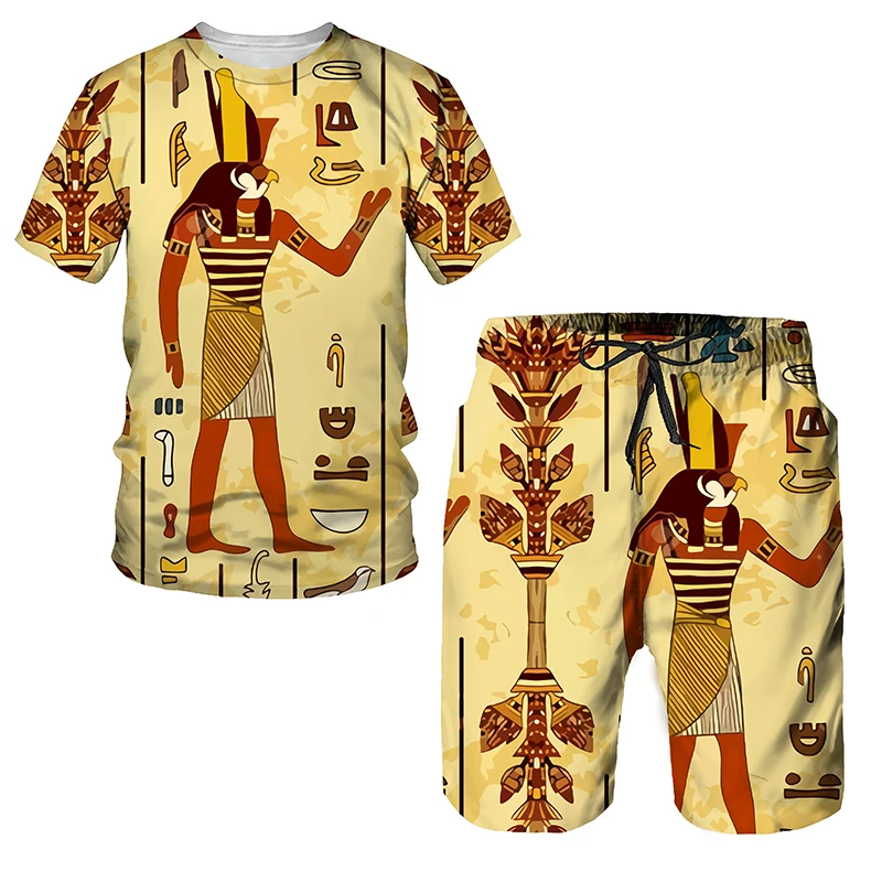 Anubis Print T Shirt For Men Casual Beach Pants Hip Hop Trend Fashion Short Sleeve Top Ancient Egypt Harajuku 2 Piece Outfit Set