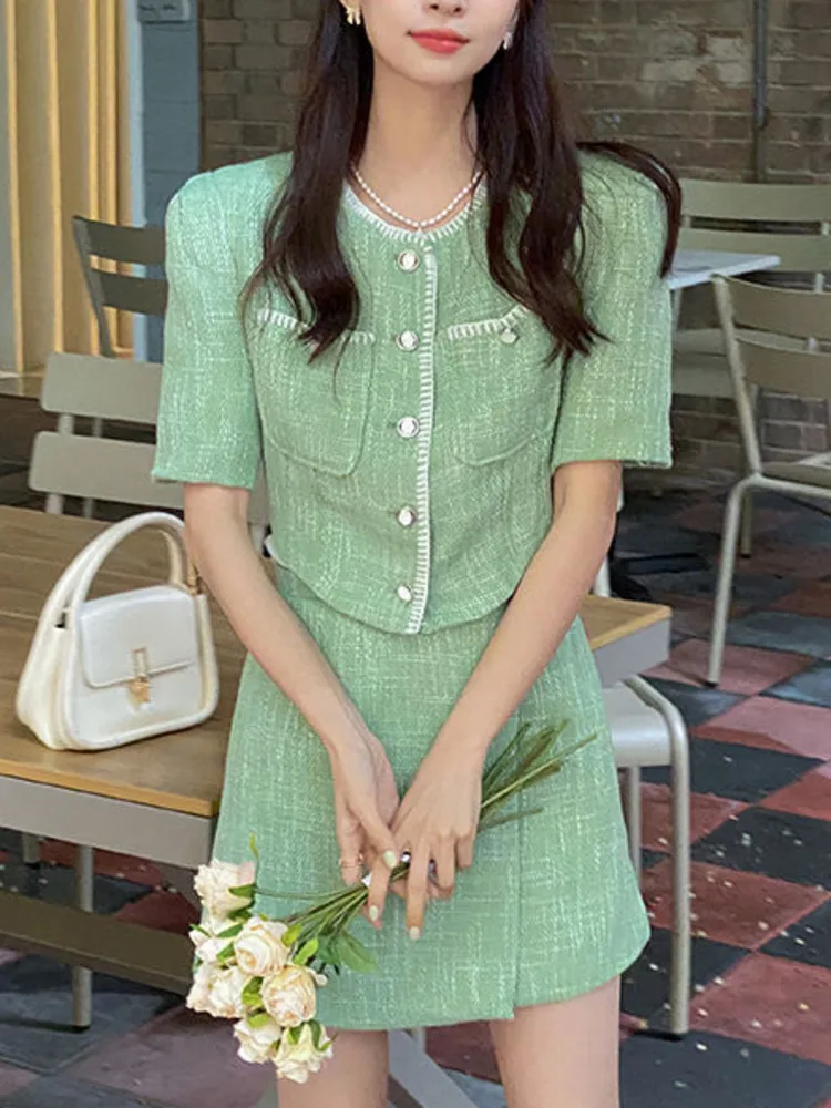 

2022 New High Quality Small Fragrance Two Piece Set Women Short Jacket Coat + Mini Skirt Sets Korean Sweet Summer 2 Piece Outfit