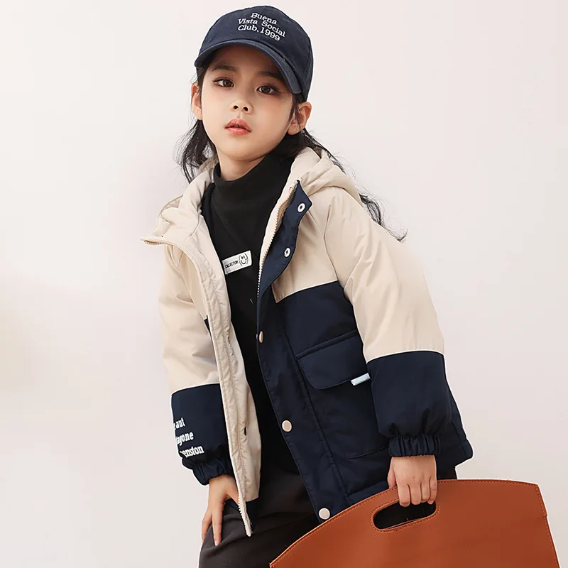 Outdoor Thickened Hooded Jacket Color-blocking Warm Jacket 90% White Duck Down Children's Down Jacket Mid-length Cotton Jacket
