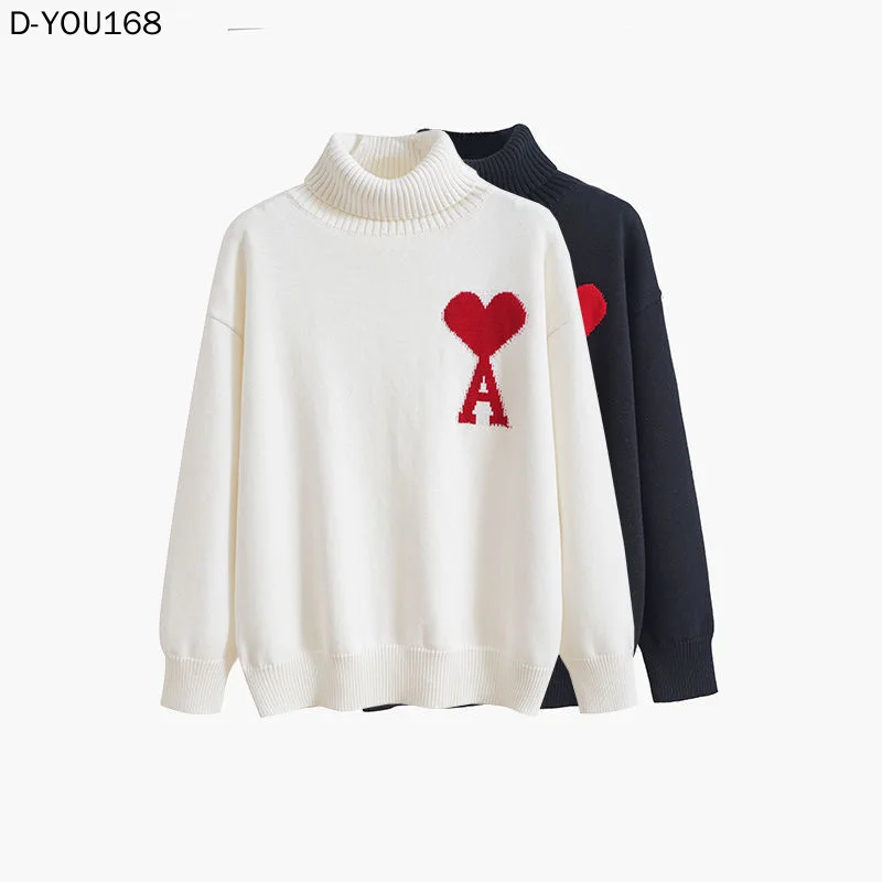 

Ami Turtleneck Sweater Women Men 2021 Winter Fashion Simple Love Jumper Harajuku Lapel Sweater Oversize Couples O-neck