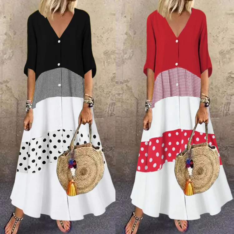 

2023 Summer New V Neck Short Sleeve Print Long Dress Button Casual Dress