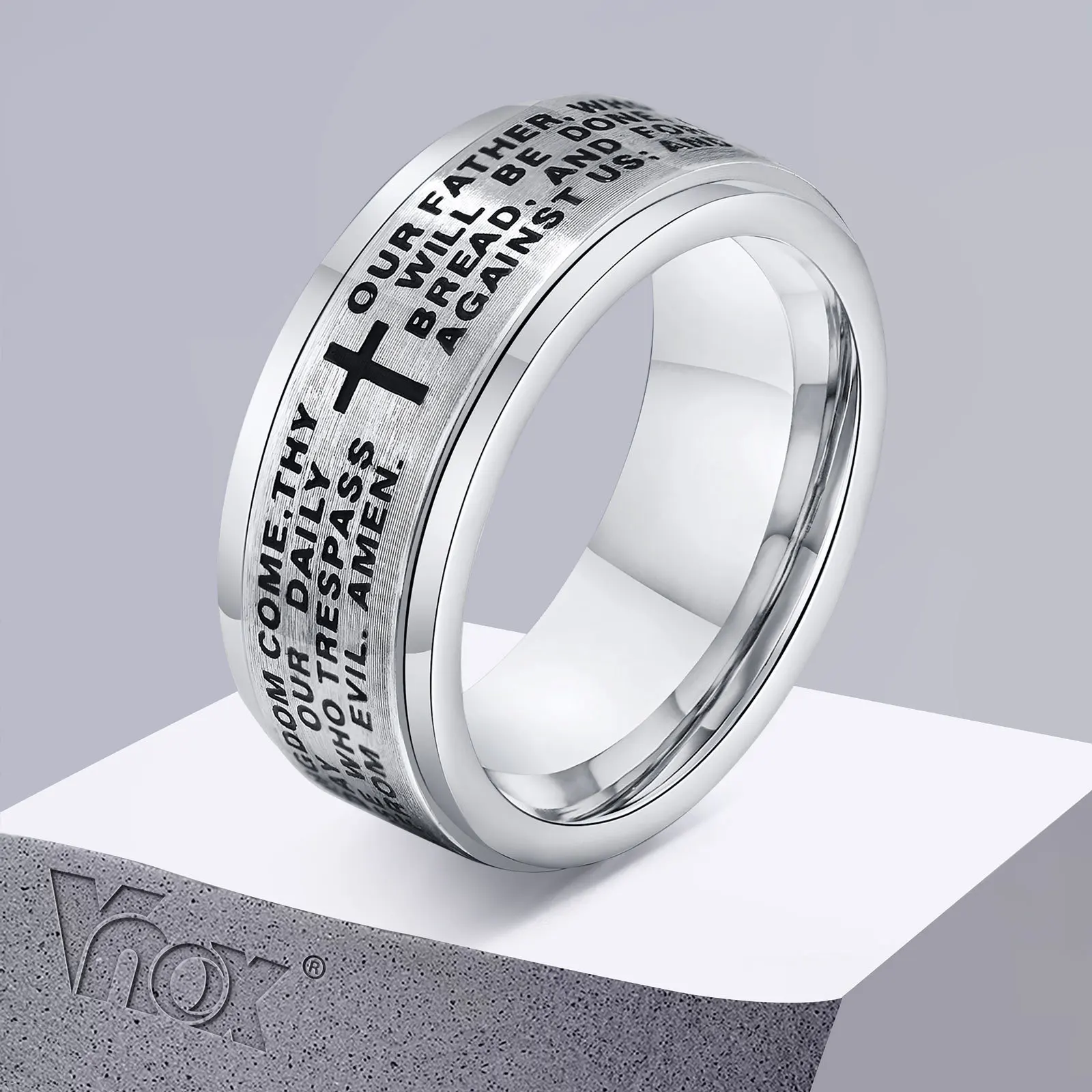 Vnox 8mm Spinner Cross Ring for Men, Bible Prayer Finger Band, Stress Release Stainless Steel Rotatable Ring, Faith Jewelry