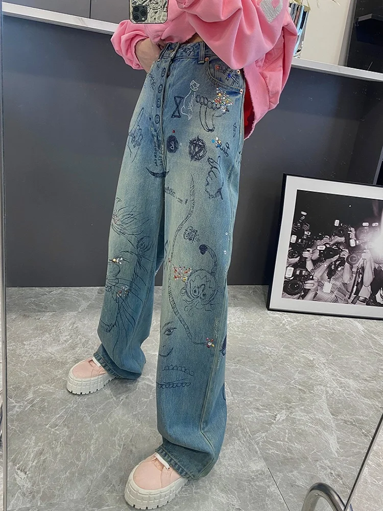 

Cotton 2023 Trend Handmade Print Sequins Loose Women's Jeans y2k Dress New High Quality Trousers bra traf XL