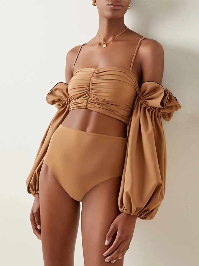 

Solid Color Puff Sleeve Bikini