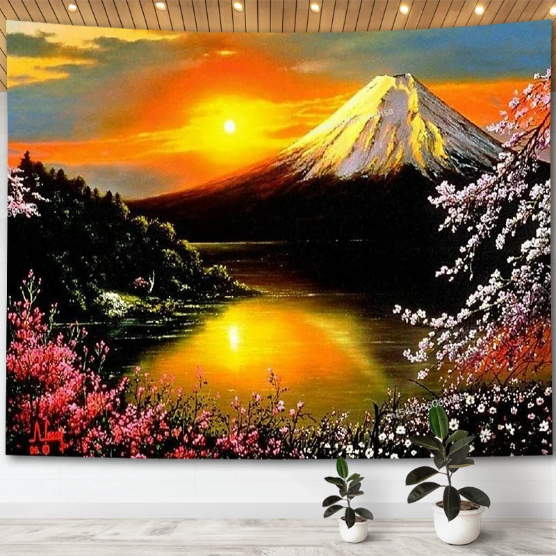 

Japanese Cherry Blossom Tapestry Wall Hanging Snow Mountain Tapestrys Aesthetic Room Decoration Oil Painting Home Tapestries