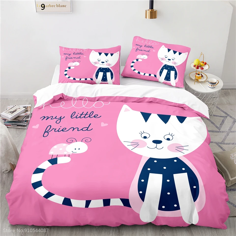 

Cute Cartoon Cat Printed Bedding Set Children Rose Red Duvet Cover Set Pillowcase Boy Girls Bedclothes Twin Queen King Bed Linen