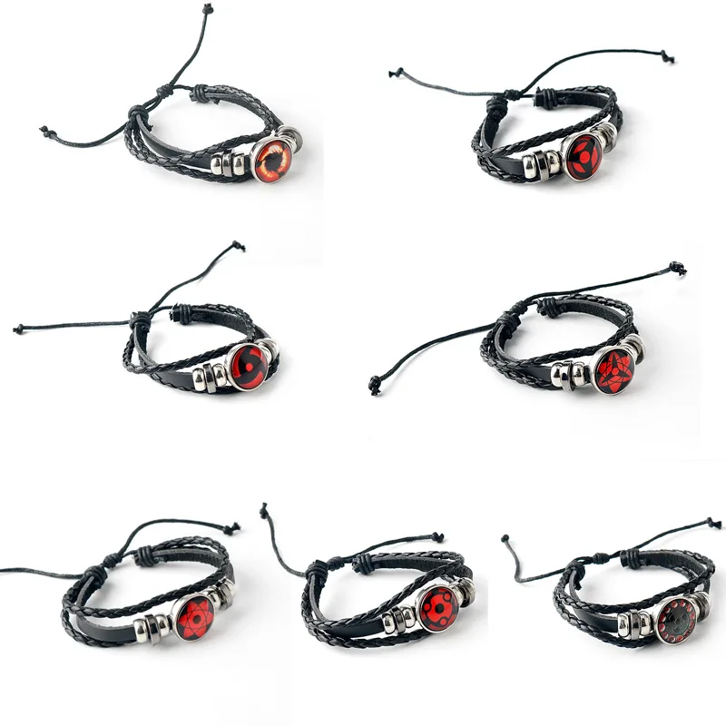 

Anime Cabochon Glass Pendant Leather Bracelets Akatsuki Sharingan Eye Itachi Cosplay Props Black Braided Wrap Bangles