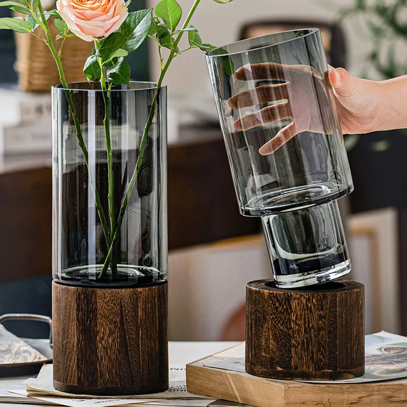 

Простая ваза в европейском стиле, цветы, роза, лилия, домашняя гостиная, обеденный стол, Цветочная композиция на деревянной основе, прозрачная стеклянная ваза