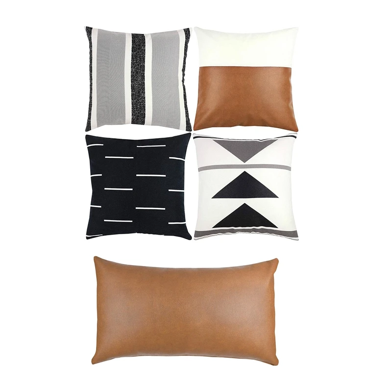 

4Pcs Short Plush Black White Geometric Faux Leather Pillow Cover& 2Pcs Faux Leather Milo Lumbar Pillow Cover