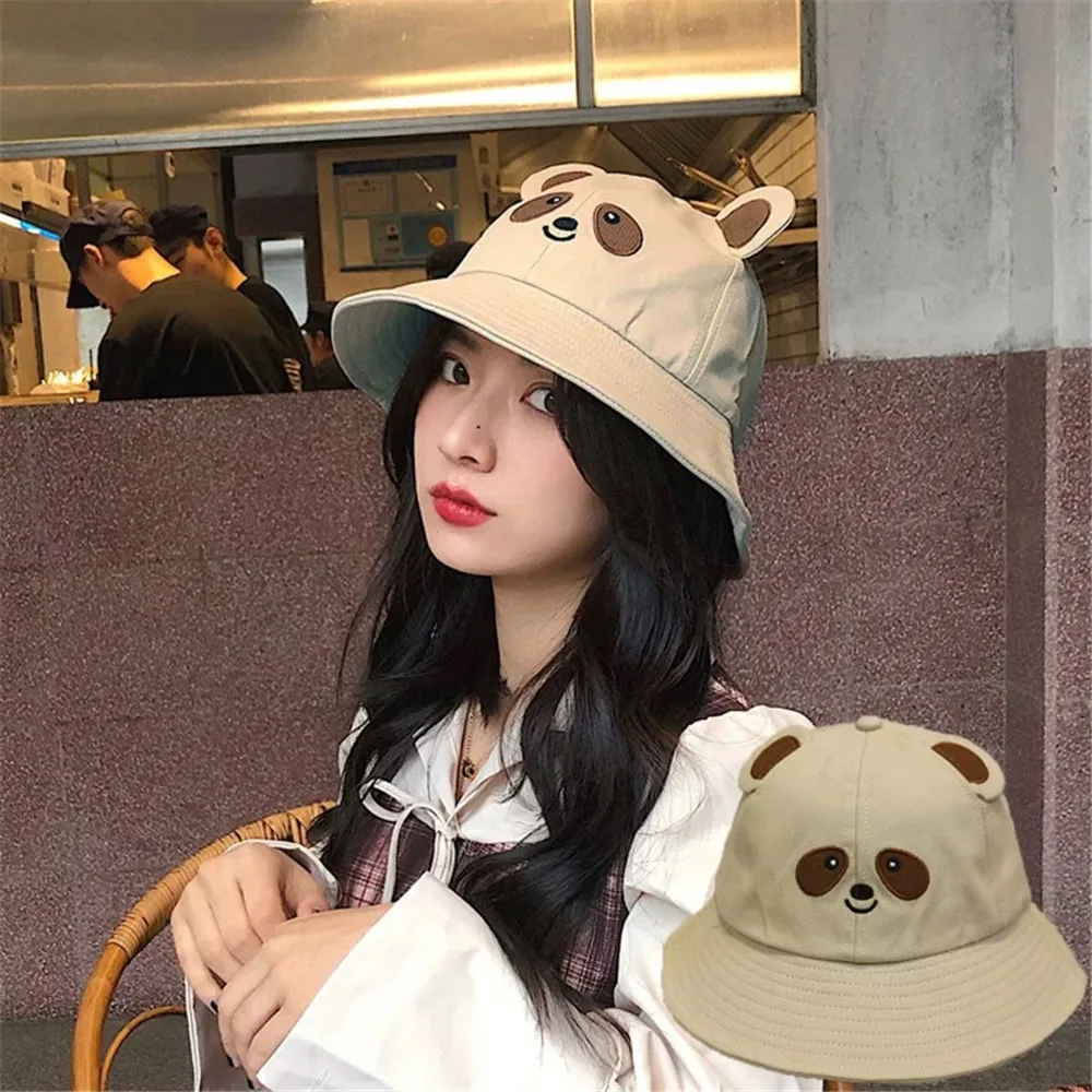 

Spring Summer Lovely Cotton Casual Fisherman Cap Outdoor Sunscreen Panda Bucket Hat Sun Hat