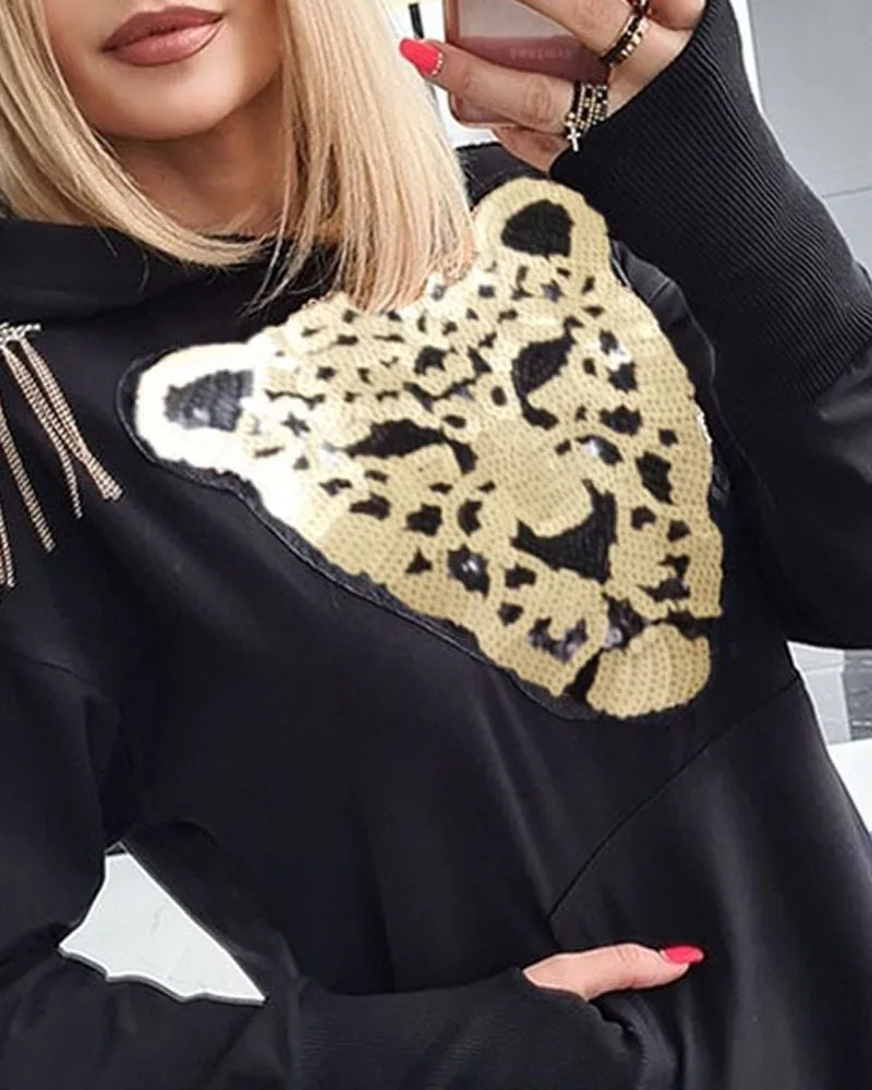 

Women Dress Hooded Kangaroo Pocket Pullover Spring Autumn Loose Chain Tiger Head Sequin Print Long Sleeve Black Sweater Dress
