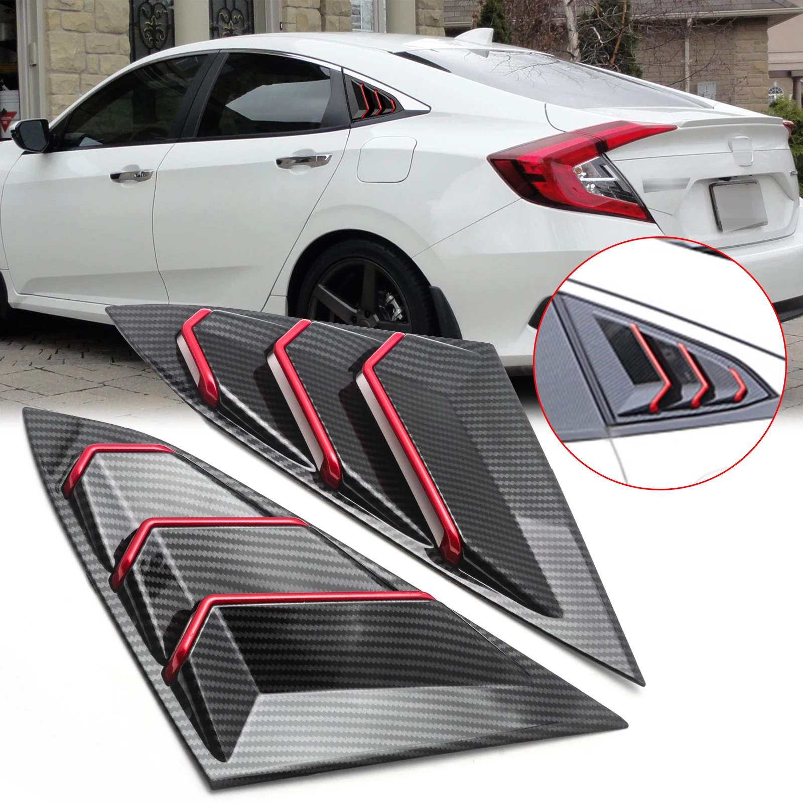 

Carbon Fiber Style Red Edge Quarter Window Rear Side Vent Louver Cover Molding Trim For Honda Civic 2016-2021 2020 2019 2018 17