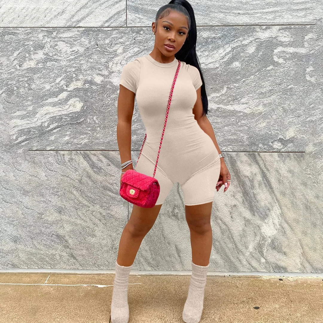 

Летний женский спортивный комбинезон Y2k, уличная одежда, сексуальный однотонный комбинезон с коротким рукавом и воротником-стойкой, облегающие мини-шорты, комбинезон