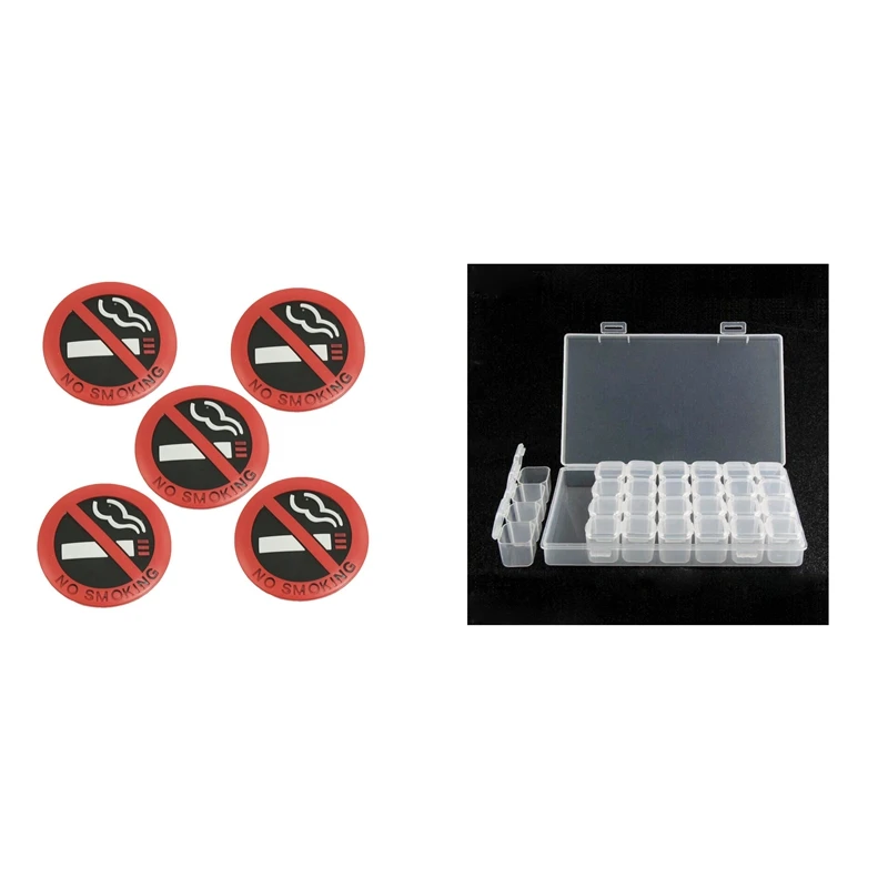 

5 Pcs Soft Plastic No Smoking Sign Wall Window Car Sticker Decal & 1X Nail Art Rhinestone 28 Diamonds Storage Box