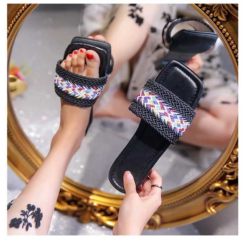

2021 Slippers Women Summer Square Toe Casual Flat Ladies Multicolor Slides Female Weave Flip Flops Women's Home Shoes Plus Size