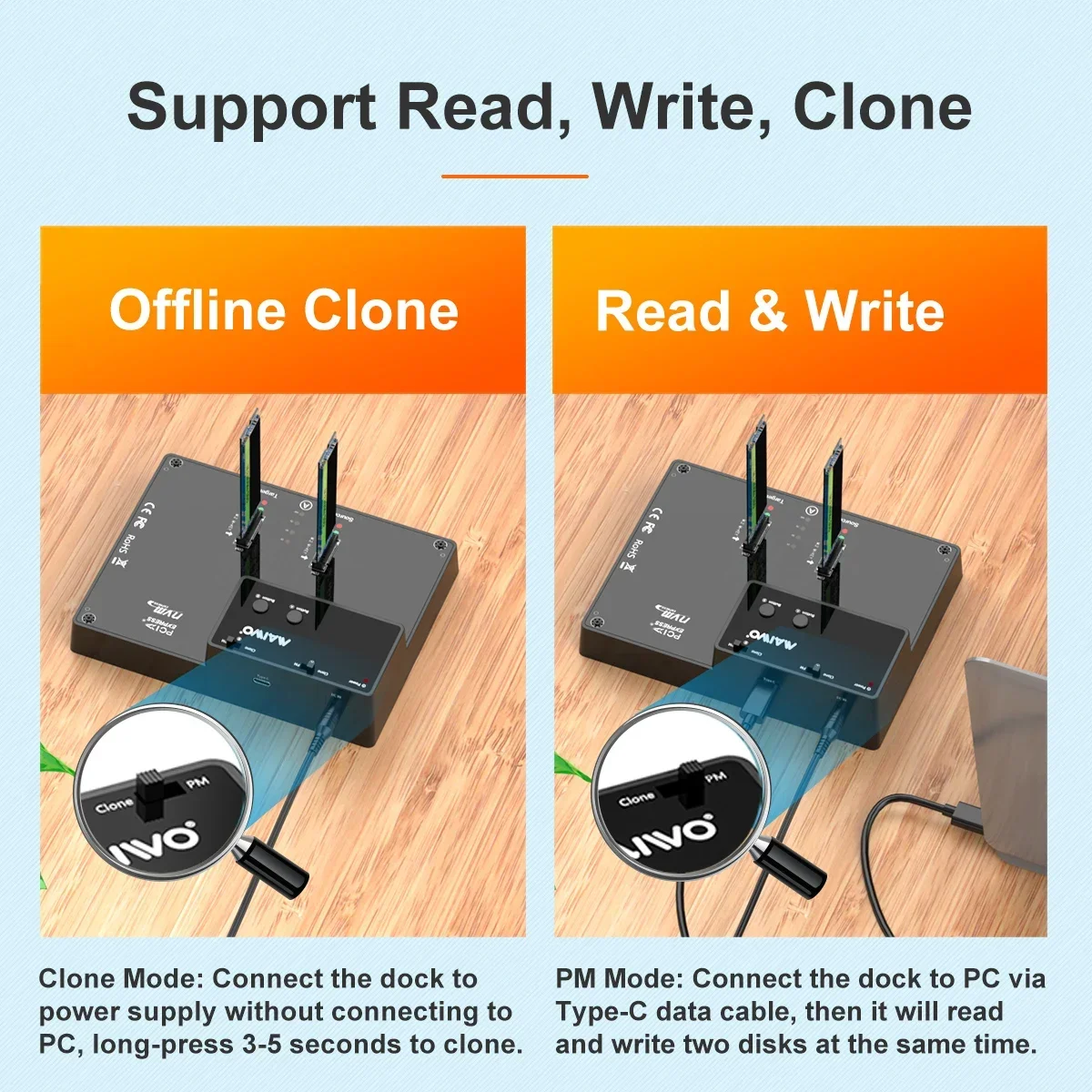 Внешний корпус MAIWO Dual Bay для M.2 NVMe SSD с функцией автономного клонирования, 10 Гбитс USB 3.1 Gen2, внешний бокс для M2 NVMe, копирование данных, внешний корпус для жесткого диска. (art.: 3920dafa0cb58) - 3920dafa0cb58