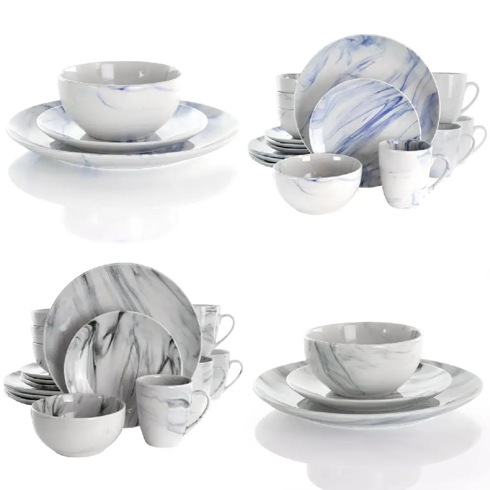 

porcelain. Luxurious 16PC Blue & White Marble Porcelain Stoneware Dinnerware Set - Ideal for Everyday Use & Entertaining.