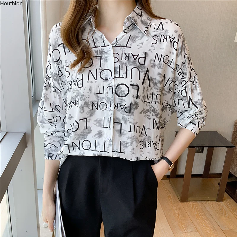 

Summer Women's Blouses New Top Long Sleeve Polo Shirt Fashion Casual Loose Girl Letter Printing Chiffon Female Clothing