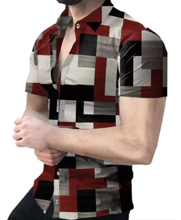 

New Men's Shirt Ethnic Plaid Collar Short Sleeve Shirts Summer Tops For Men Button Up Holiday Hawaiian Casual Shirts