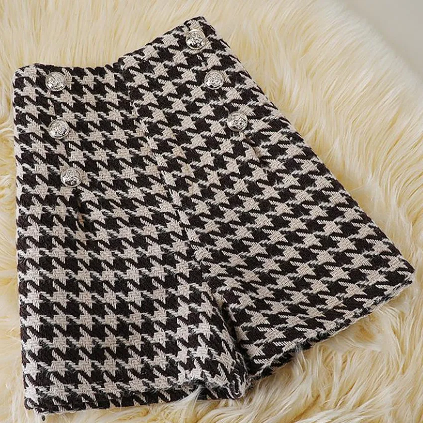 Thick Autumn Winter Houndstooth Woolen Wide Leg Shorts Women Retro High Waist Small Fragrance Double Breasted