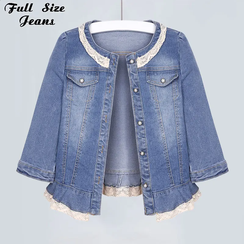 Women Lace Trim Round Collar Crop Jean Jackets Seven Sleeve Light Blue All Match Bomber Short Denim Coat Korean Casual Jeans Y2K - купить по