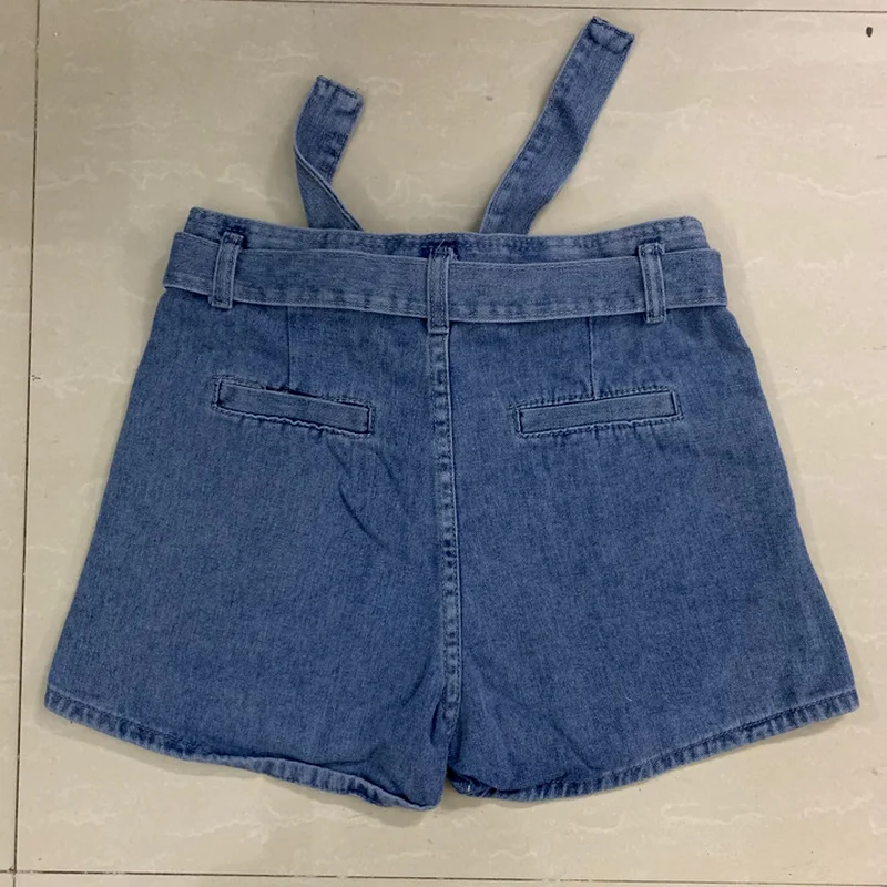 Ladies Elastic High Waist Straight Buckle Belted Jeans Shorts Woman Clothing Summer Straight Leg Casual Bandage Denim Shorts